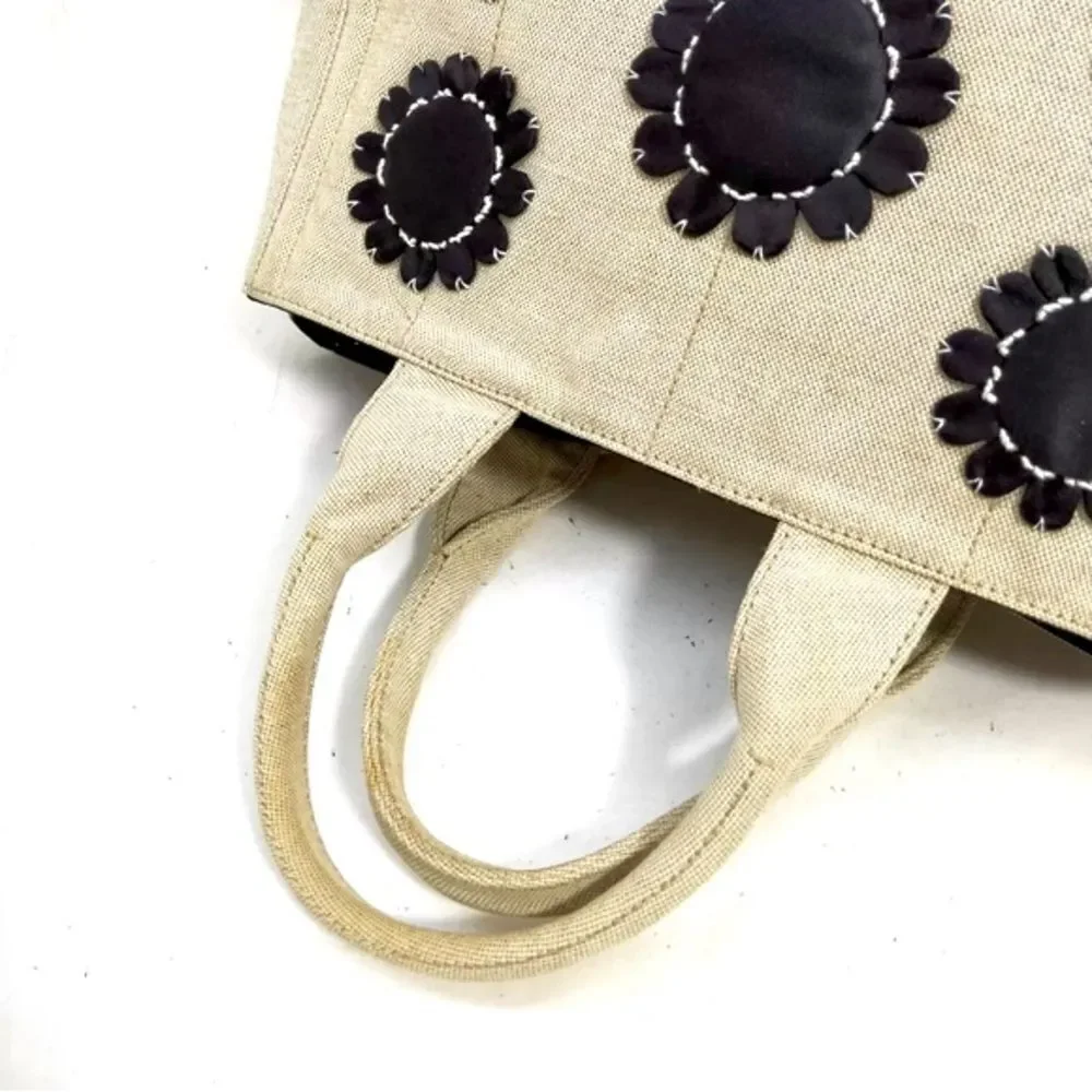 Auth Prada Canvas Linen Floral Canapa Tote Bag